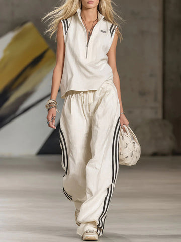 Women's Casual Patchwork Striped Zip-up Top And Pants Two-piece Set