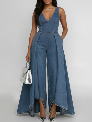 Women's Round Neck Sleeveless Casual Loose Wide-leg Denim Jumpsuit