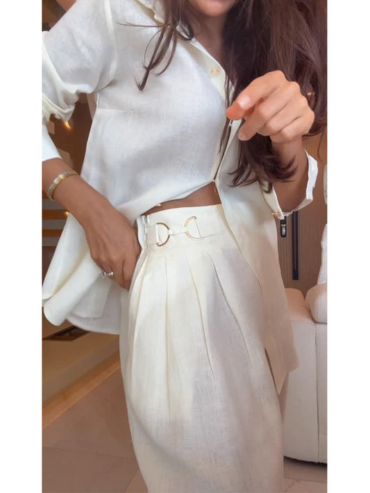 Casual Linen And Cotton Shirt And Trousers Two-piece Set
