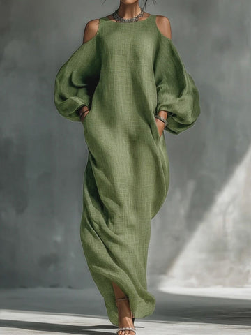 Women's Flowy Off-shoulder Round Neck Cotton Linen Long Dress