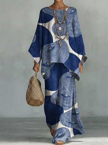 Women's Geometry Print Linen Cotton Top And Wide-leg Pants Two-piece Set.