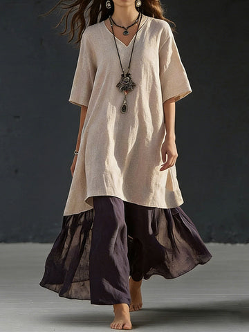 Women's Casual V-neck Three-quarter Sleeve Color-blocked Dress