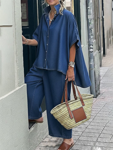 Casual Denim Irregular Hem Shirt And Wide-leg Pants Two-piece Set