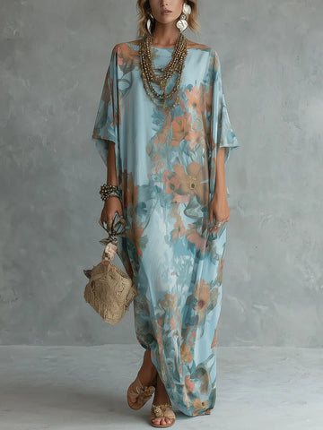 Women's Retro Bohemian Style Floral Art Print Loose Long Dress