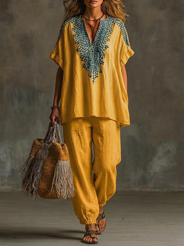Casual Short-sleeved Linen And Cotton Top And Pants Two-piece Set