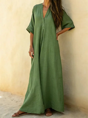 Women's Solid Color Casual V-Neck Cotton Linen Maxi Dress