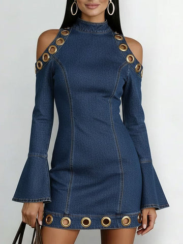 Women's Stand Collar Long Sleeve Casual Slim Fit Denim Dress